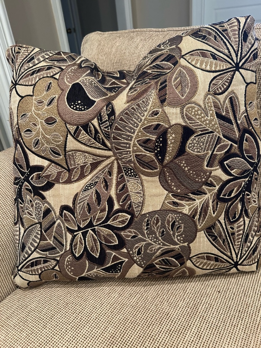 Decorative Beige and Brown Accent Pillow with Botanical Embroidery